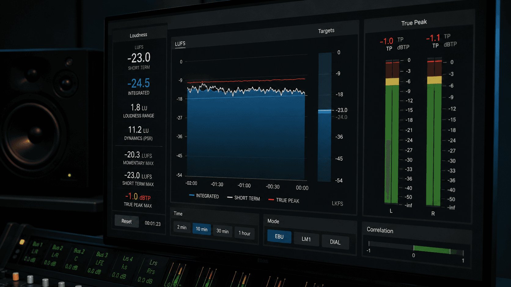 Loudness-Metering auf Monitor im Studio